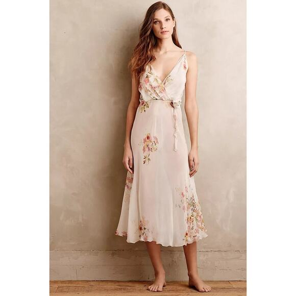 Flora Nikrooz Other - Anthro Flora Nikrooz Floral Chiffon Gown Nightie Slip Dress XS Peach Cream Pink